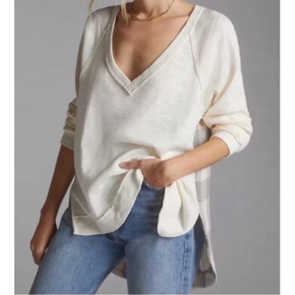 Pilcro Plaid Back V-Neck Sweater - XS